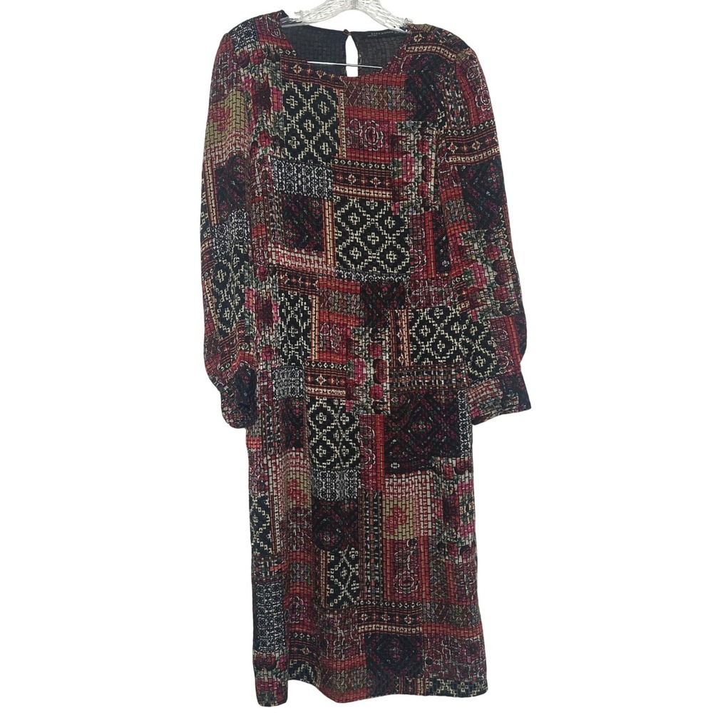 Zara Woman Patchwork Print Long Sleeve Midi Dress Multi-Color Geometric Size M